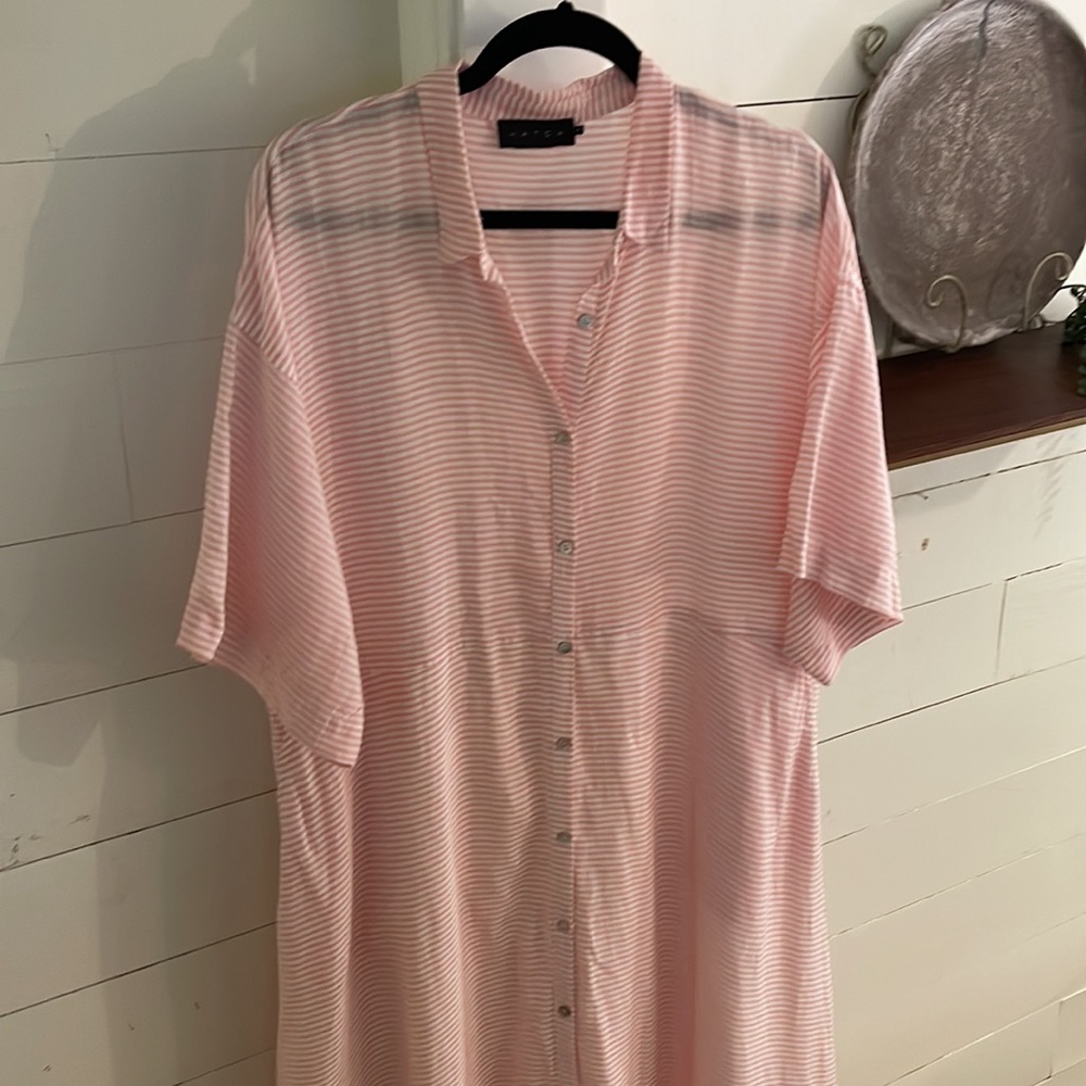 Hatch Maternity Elsa Pink Ticking Striped Button Down Shirtdress, Size 3 or L/XL